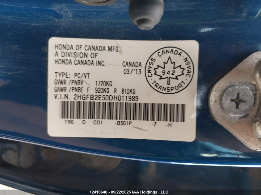 2013 Honda Civic Ex VIN: 2HGFB2E50DH011989 Lot: 12410640