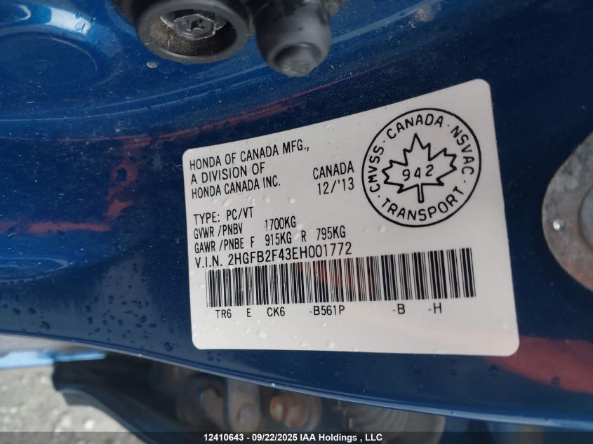 2014 Honda Civic VIN: 2HGFB2F43EH001772 Lot: 12410643
