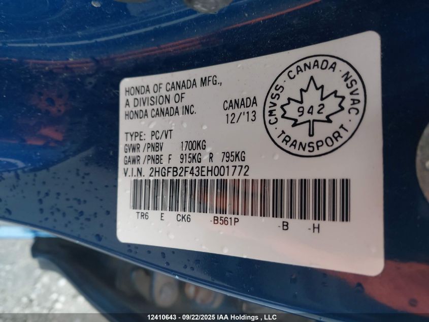 2014 Honda Civic VIN: 2HGFB2F43EH001772 Lot: 12410643