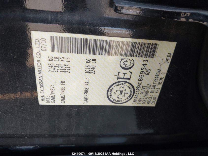 2010 Nissan Maxima 3.5 Sv VIN: 1N4AA5AP8AC869543 Lot: 12410674