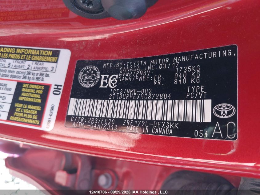2017 Toyota Corolla VIN: 2T1BURHEXHC872804 Lot: 12410706