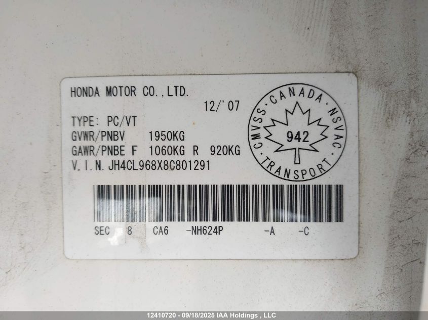 2008 Acura Tsx VIN: JH4CL968X8C801291 Lot: 12410720