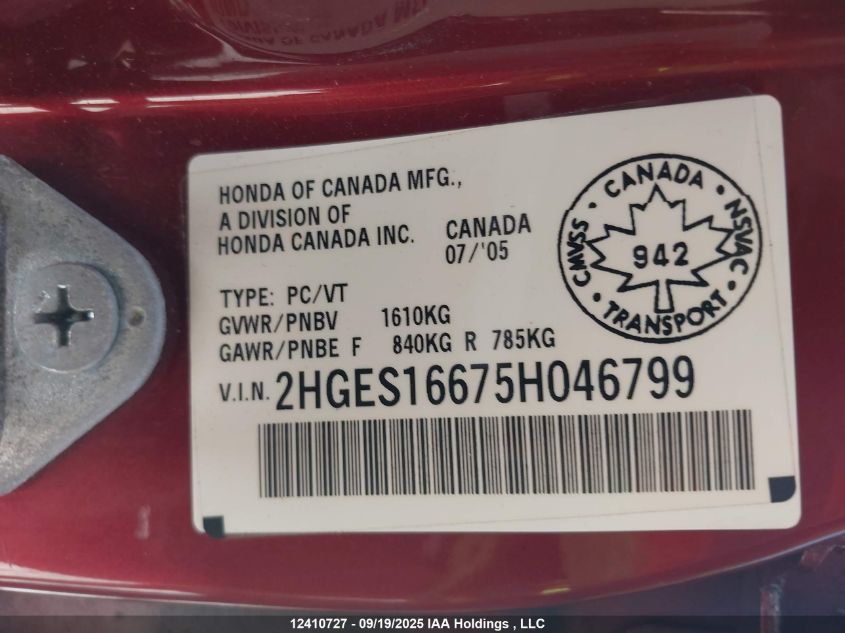 2005 Honda Civic Lx VIN: 2HGES16675H046799 Lot: 12410727