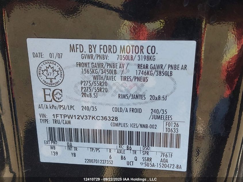 2007 Ford F150 Supercrew VIN: 1FTPW12V37KC36328 Lot: 12410729