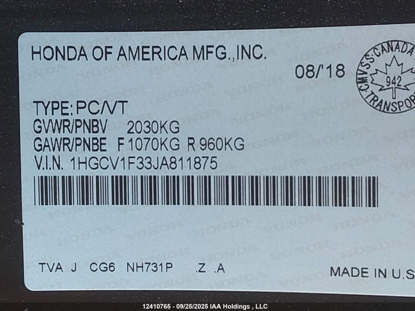 2018 Honda Accord Sport VIN: 1HGCV1F33JA811875 Lot: 12410765