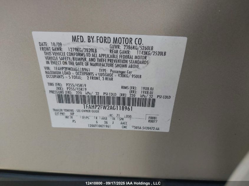 2010 Ford Taurus VIN: 1FAHP2FW2AG118961 Lot: 12410800