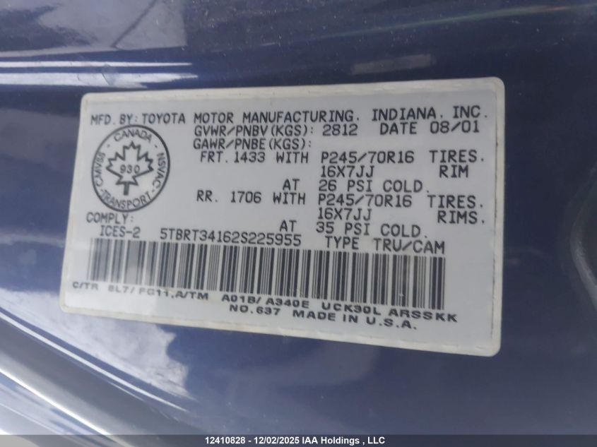 2002 Toyota Tundra Access Cab/Access Cab Sr5 VIN: 5TBRT34162S225955 Lot: 12410828