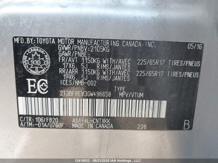 2016 Toyota Rav4 Le VIN: 2T3BFREV3GW496658 Lot: 12410832