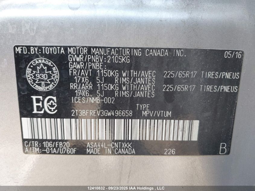 2016 Toyota Rav4 Le VIN: 2T3BFREV3GW496658 Lot: 12410832