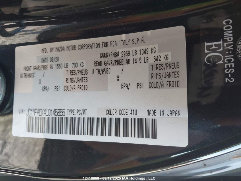 2020 Fiat 124 Spider Lusso VIN: JC1NFAEK4L0145855 Lot: 12410868