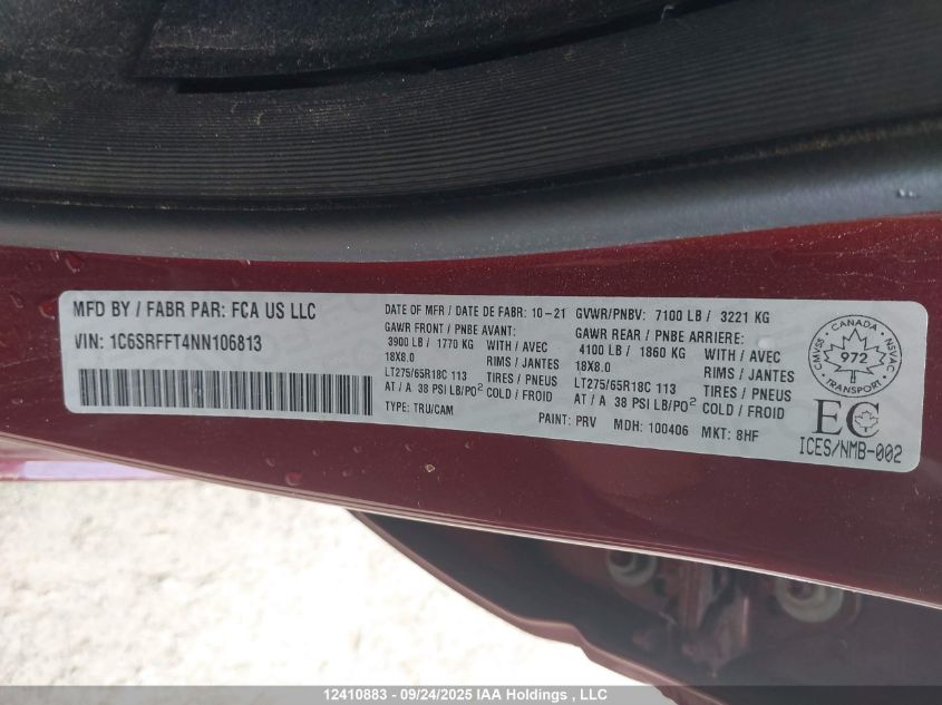 2022 Ram 1500 Big Horn/Lone Star VIN: 1C6SRFFT4NN106813 Lot: 12410883