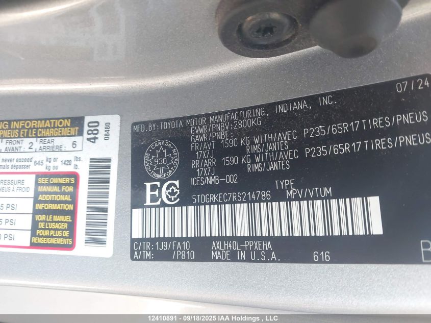 2024 Toyota Sienna Le VIN: 5TDGRKEC7RS214786 Lot: 12410891