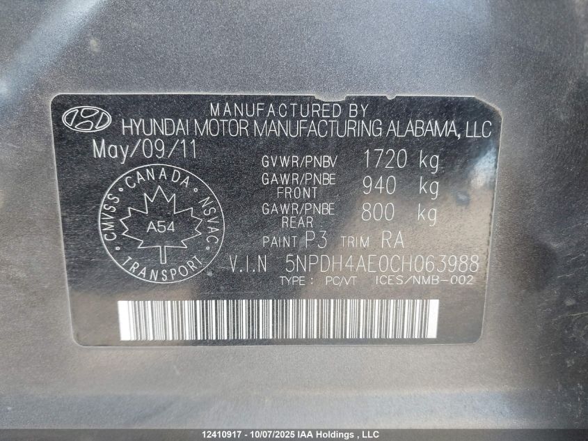 2012 Hyundai Elantra Gl VIN: 5NPDH4AE0CH063988 Lot: 12410917