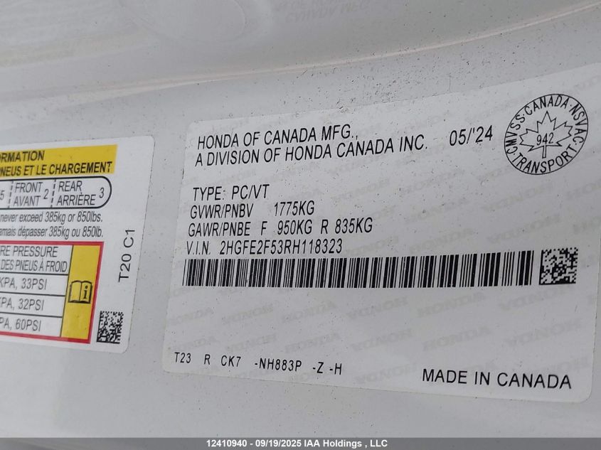 2024 Honda Civic Sport VIN: 2HGFE2F53RH118323 Lot: 12410940