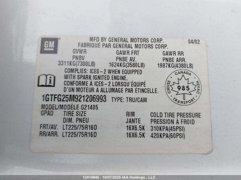2001 GMC Savana VIN: 1GTFG25M921206993 Lot: 12410945