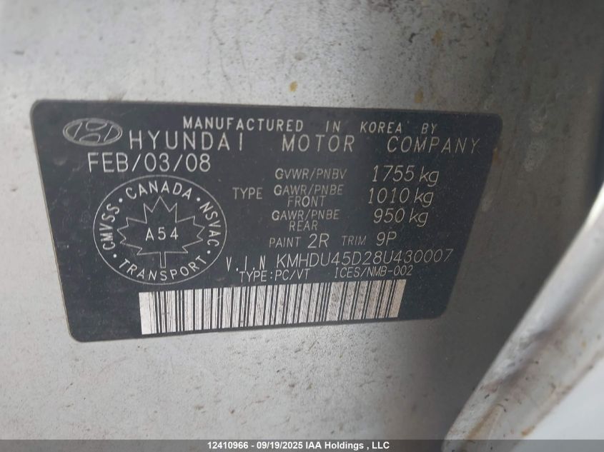 2008 Hyundai Elantra VIN: KMHDU45D28U430007 Lot: 12410966