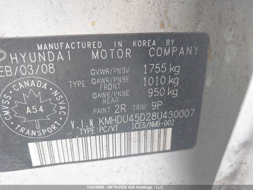 2008 Hyundai Elantra VIN: KMHDU45D28U430007 Lot: 12410966