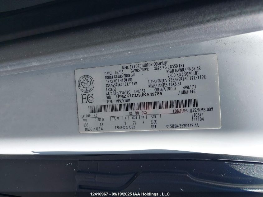 2018 Ford Transit-150 Xlt VIN: 1FMZK1CM9JKA49785 Lot: 12410967