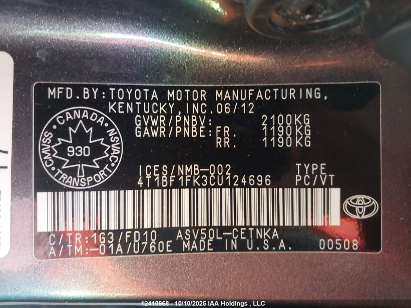 2012 Toyota Camry VIN: 4T1BF1FK3CU124696 Lot: 12410968