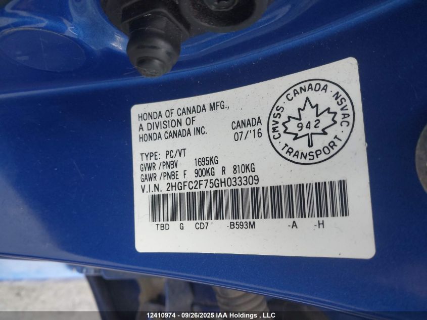 2016 Honda Civic Ex VIN: 2HGFC2F75GH033309 Lot: 12410974