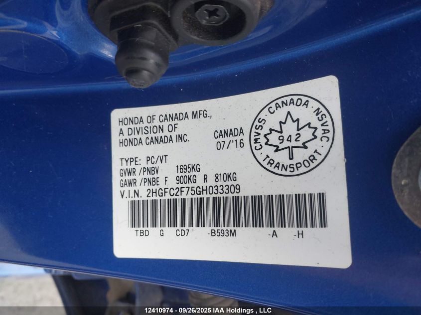 2016 Honda Civic Ex VIN: 2HGFC2F75GH033309 Lot: 12410974