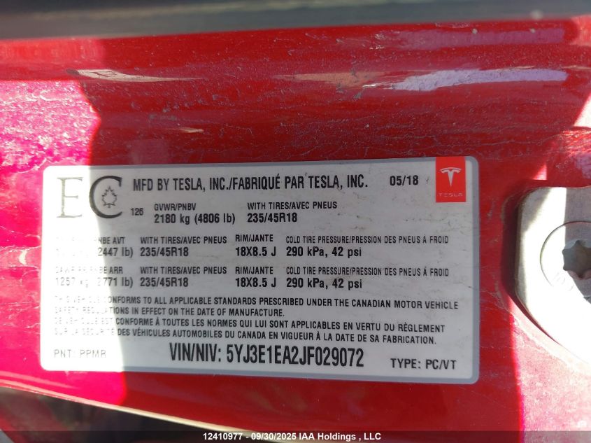 2018 Tesla Model 3 VIN: 5YJ3E1EA2JF029072 Lot: 12410977