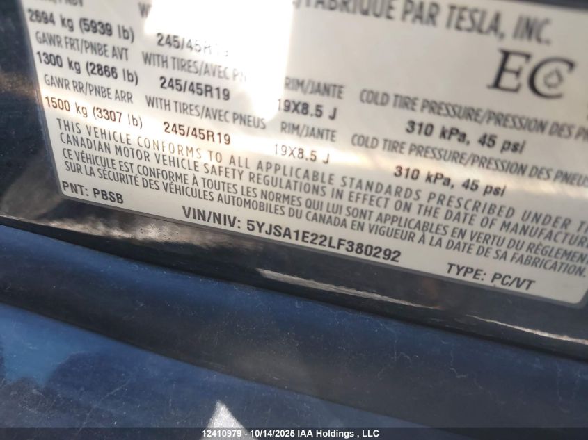 2020 Tesla Model S Long Range/Long Range Plus VIN: 5YJSA1E22LF380292 Lot: 12410979