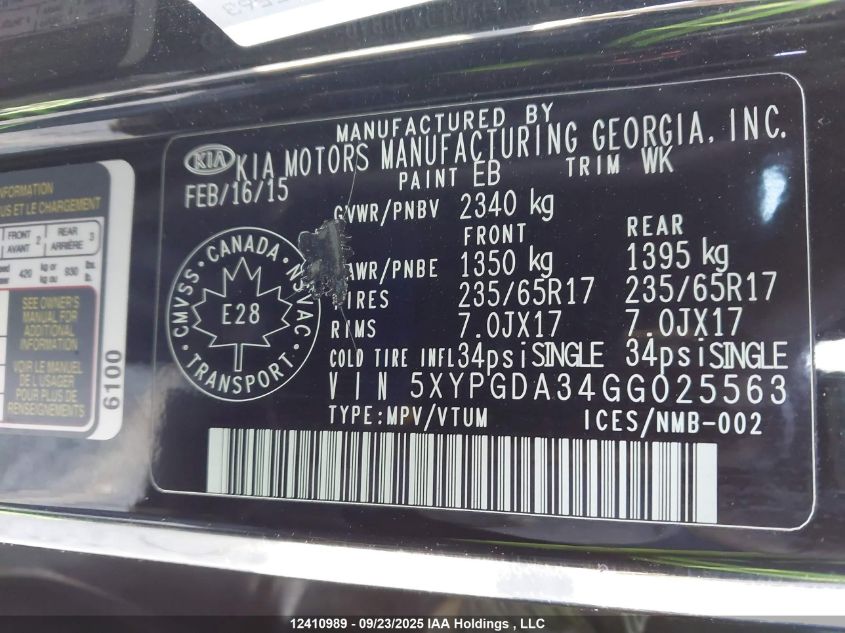 2016 Kia Sorento 2.4L Lx VIN: 5XYPGDA34GG025563 Lot: 12410989