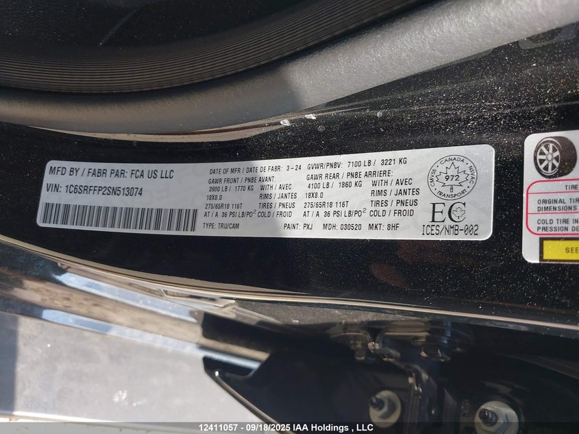 2025 Ram 1500 Big Horn/Lone Star VIN: 1C6SRFFP2SN513074 Lot: 12411057