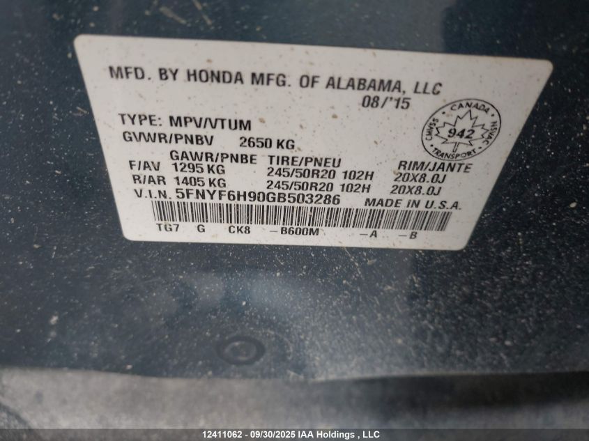 2016 Honda Pilot VIN: 5FNYF6H90GB503286 Lot: 12411062