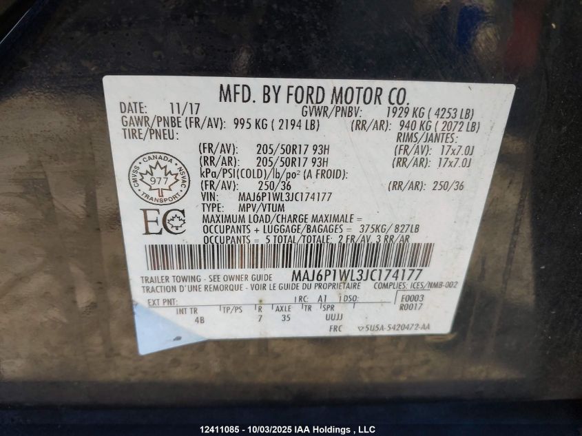 2018 Ford Ecosport Titanium VIN: MAJ6P1WL3JC174177 Lot: 12411085