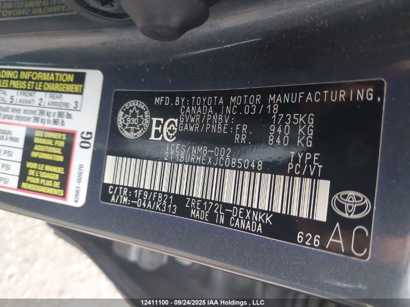 2018 Toyota Corolla Le VIN: 2T1BURHEXJC085048 Lot: 12411100