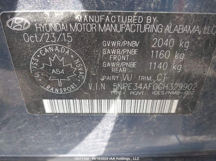 2016 Hyundai Sonata VIN: 5NPE34AF0GH329902 Lot: 12411104