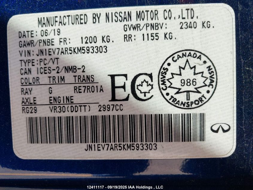 2019 Infiniti Q50 3.0T Luxe/3.0T Signature Edition/3.0T Sport VIN: JN1EV7AR5KM593303 Lot: 12411117