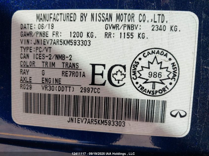 2019 Infiniti Q50 3.0T Luxe/3.0T Signature Edition/3.0T Sport VIN: JN1EV7AR5KM593303 Lot: 12411117