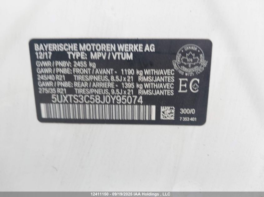 2018 BMW X3 xDrive30I VIN: 5UXTS3C58J0Y95074 Lot: 12411150