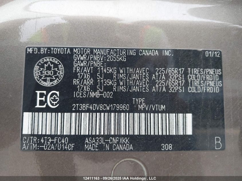 2012 Toyota Rav4 VIN: 2T3BF4DV8CW179960 Lot: 12411163