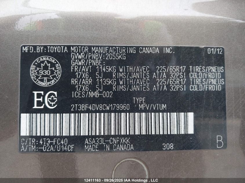 2012 Toyota Rav4 VIN: 2T3BF4DV8CW179960 Lot: 12411163