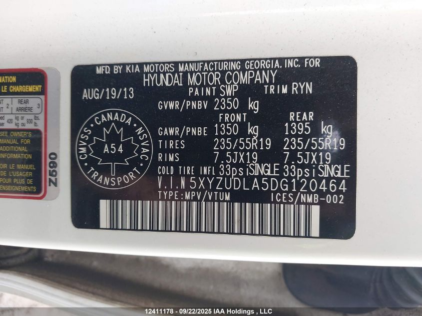 2013 Hyundai Santa Fe Sport VIN: 5XYZUDLA5DG120464 Lot: 12411178