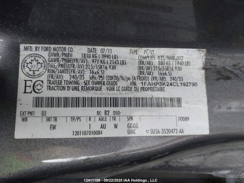 2012 Ford Focus VIN: 1FAHP3K24CL192790 Lot: 12411188