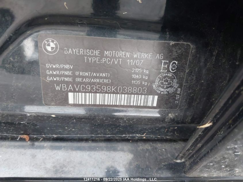 2008 BMW 328Xi VIN: WBAVC93598K038803 Lot: 12411216