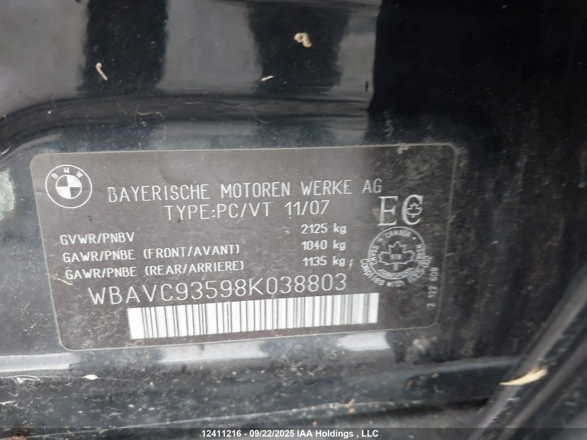 2008 BMW 328Xi VIN: WBAVC93598K038803 Lot: 12411216