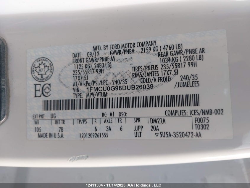 2013 Ford Escape Se VIN: 1FMCU0G98DUB26039 Lot: 12411304