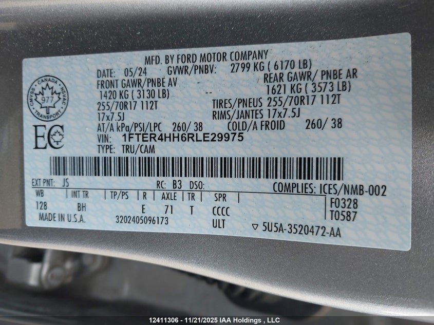 2024 Ford Ranger Xlt VIN: 1FTER4HH6RLE29975 Lot: 12411306