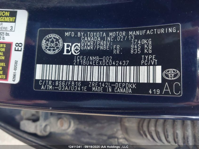 2013 Toyota Corolla Ce VIN: 2T1BU4EEXDC042437 Lot: 12411341