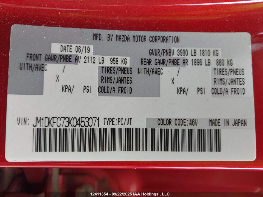 2019 Mazda Cx-3 VIN: JM1DKFC73K0453071 Lot: 12411354