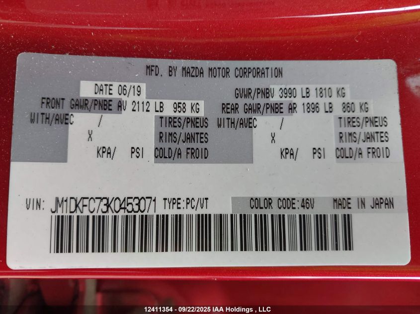 2019 Mazda Cx-3 VIN: JM1DKFC73K0453071 Lot: 12411354