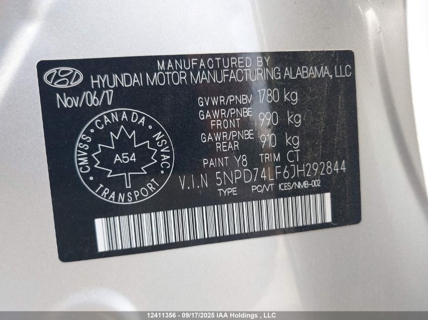 2018 Hyundai Elantra Se VIN: 5NPD74LF6JH292844 Lot: 12411356