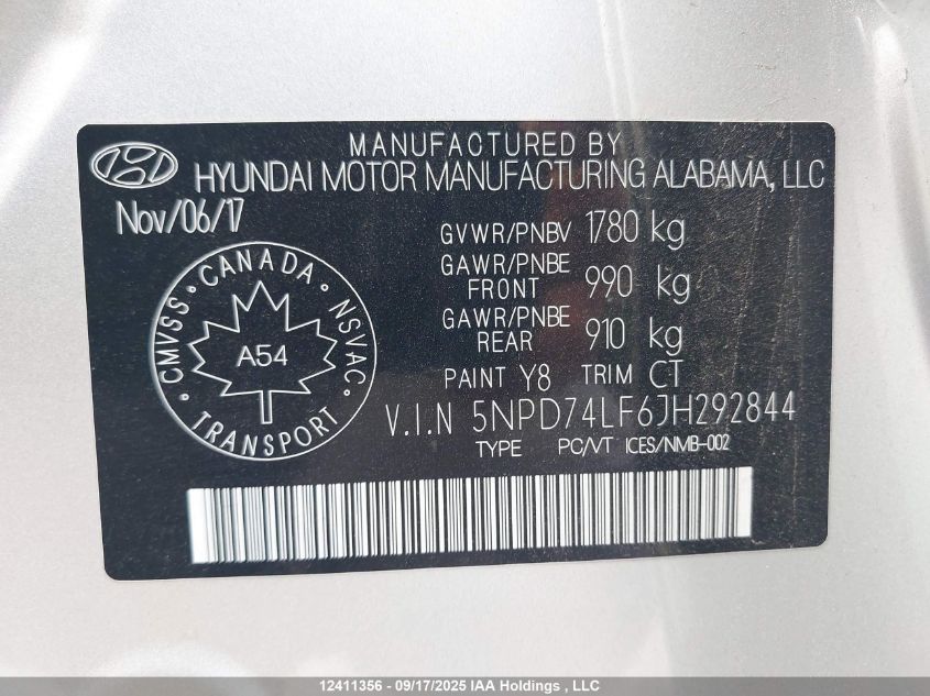 2018 Hyundai Elantra Se VIN: 5NPD74LF6JH292844 Lot: 12411356