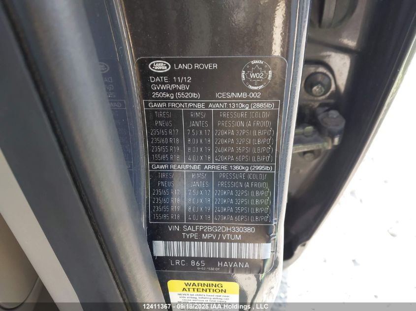 2013 Land Rover Lr2 VIN: SALFP2BG2DH330380 Lot: 12411367